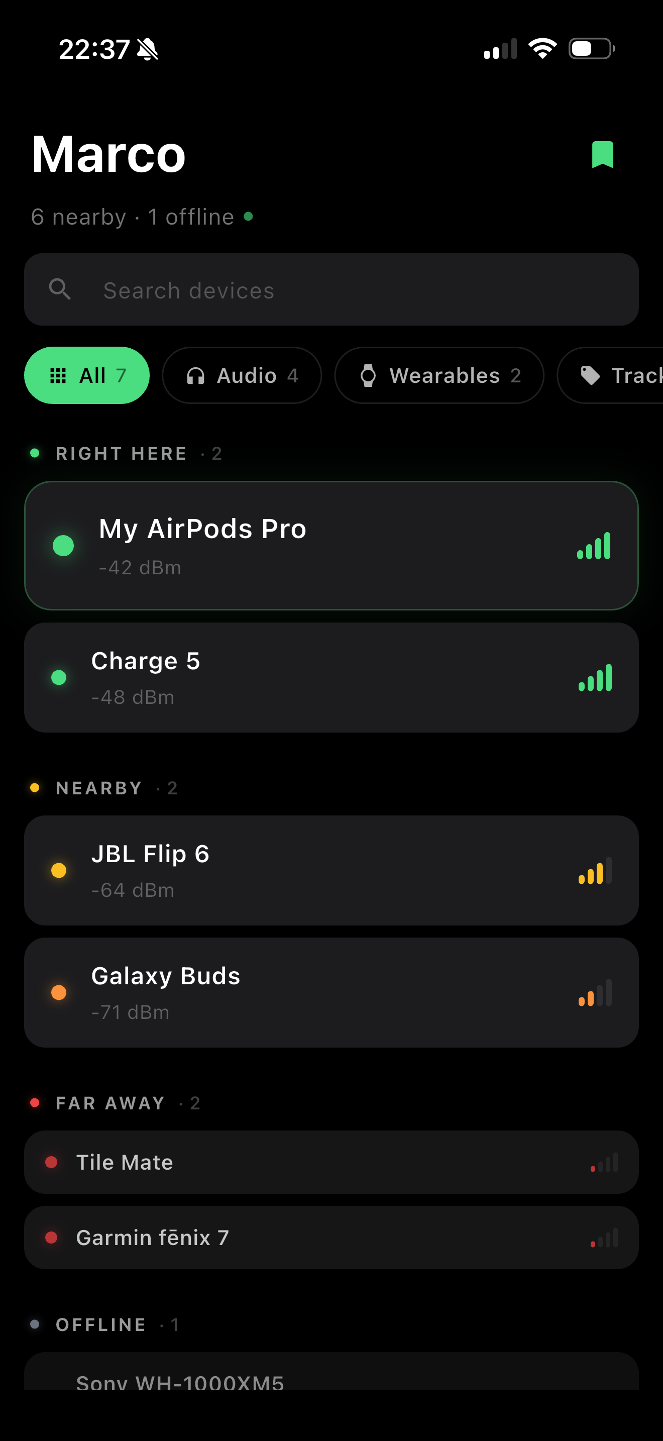 Marco app home screen showing devices grouped by proximity